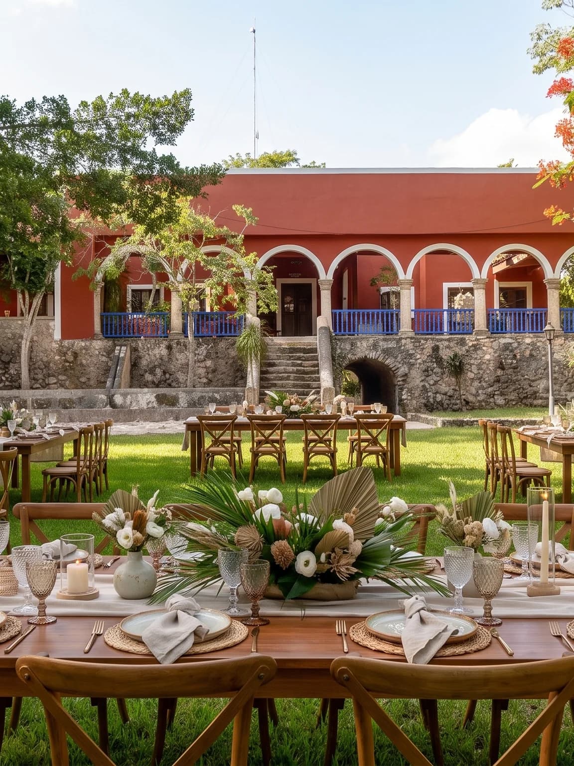 Hacienda Zamná's main facade, with archways and the garden set for a banquet